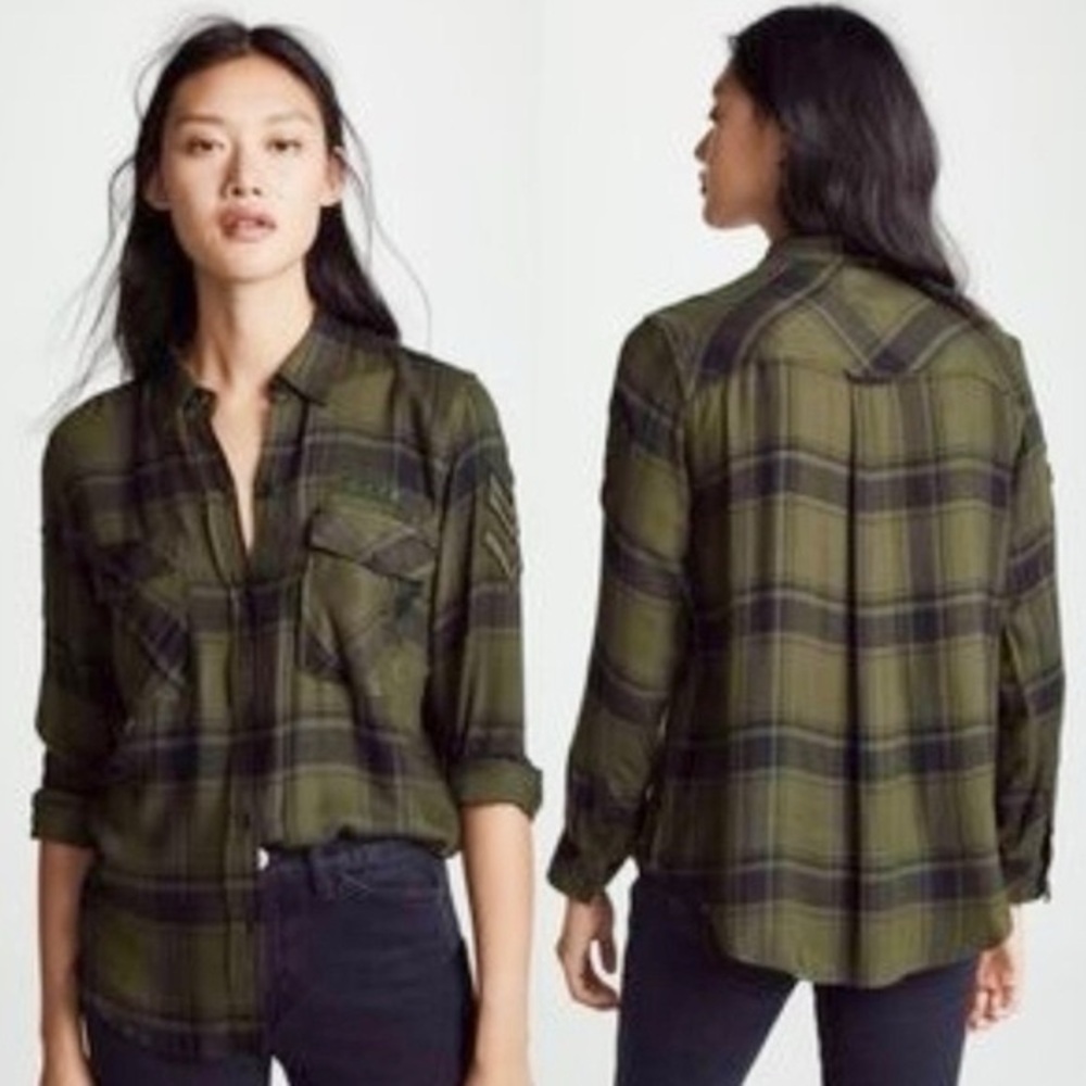 Rails Pepper Boyfriend Shirt Soft Button Up Military Patches M Green Black Plaid